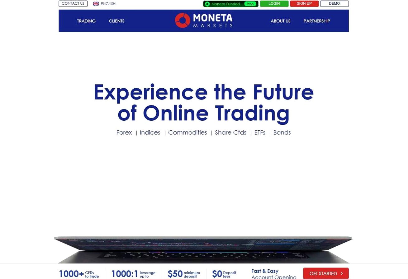 Screenshot of the Moneta Markets website