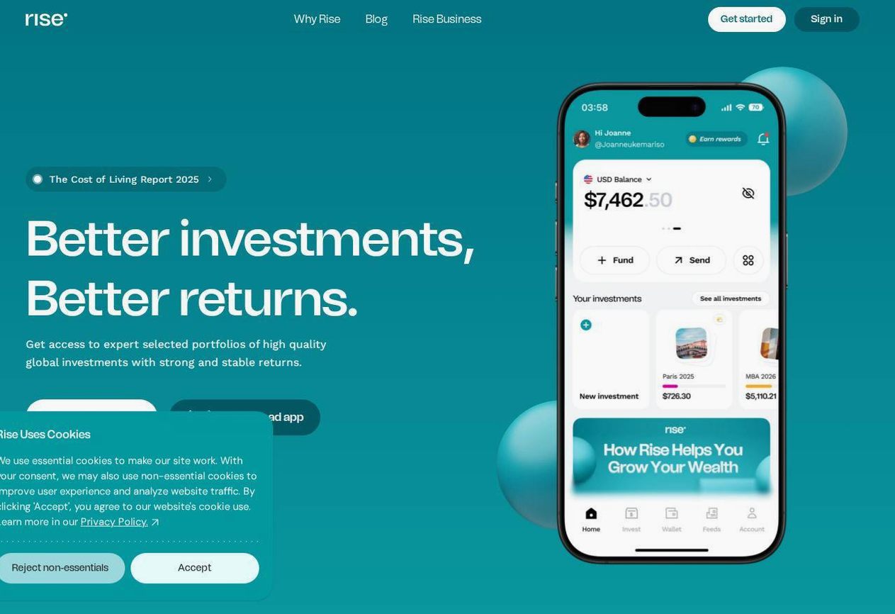 Screenshot of the Risevest website