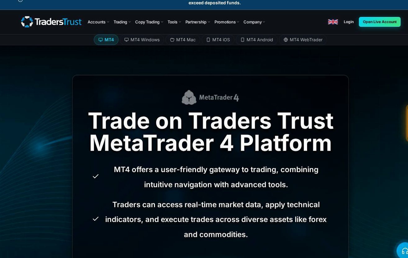 The platform page on the Traders Trust website